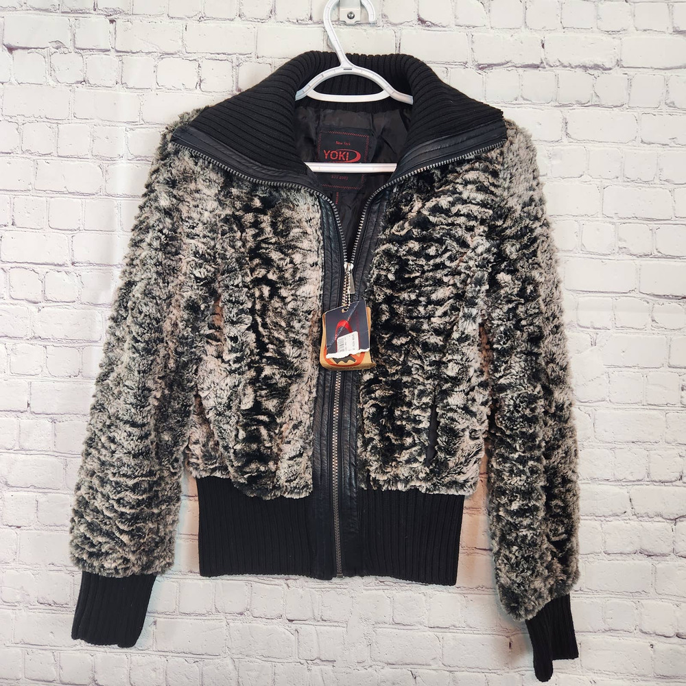 NWT YOKI Women's Vegan Fur Knit Bomber Jacket Faux Leather Trim Small